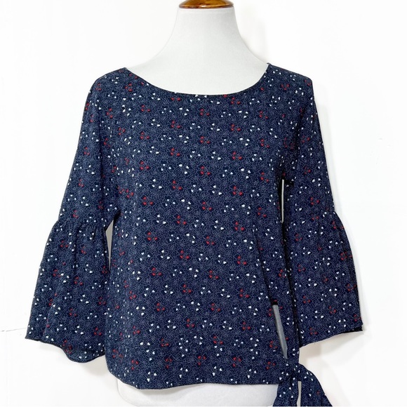Michael Kors Heart Print Tie Waist 3/4 Bell Sleeve Navy Blue Red Peasant Top S - Picture 6 of 9
